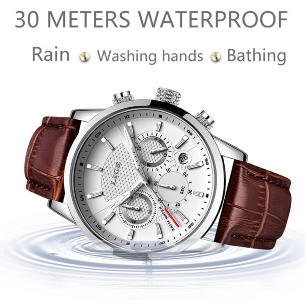 LIGE – montre en cuir pour hommes, horloge à Quartz, mode sport, marque supérieure, style militaire, étanche, Date, 2023 – Image 4