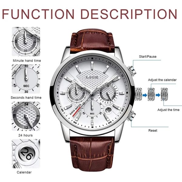 LIGE – montre en cuir pour hommes, horloge à Quartz, mode sport, marque supérieure, style militaire, étanche, Date, 2023 – Image 3