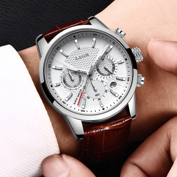 LIGE – montre en cuir pour hommes, horloge à Quartz, mode sport, marque supérieure, style militaire, étanche, Date, 2023 – Image 5