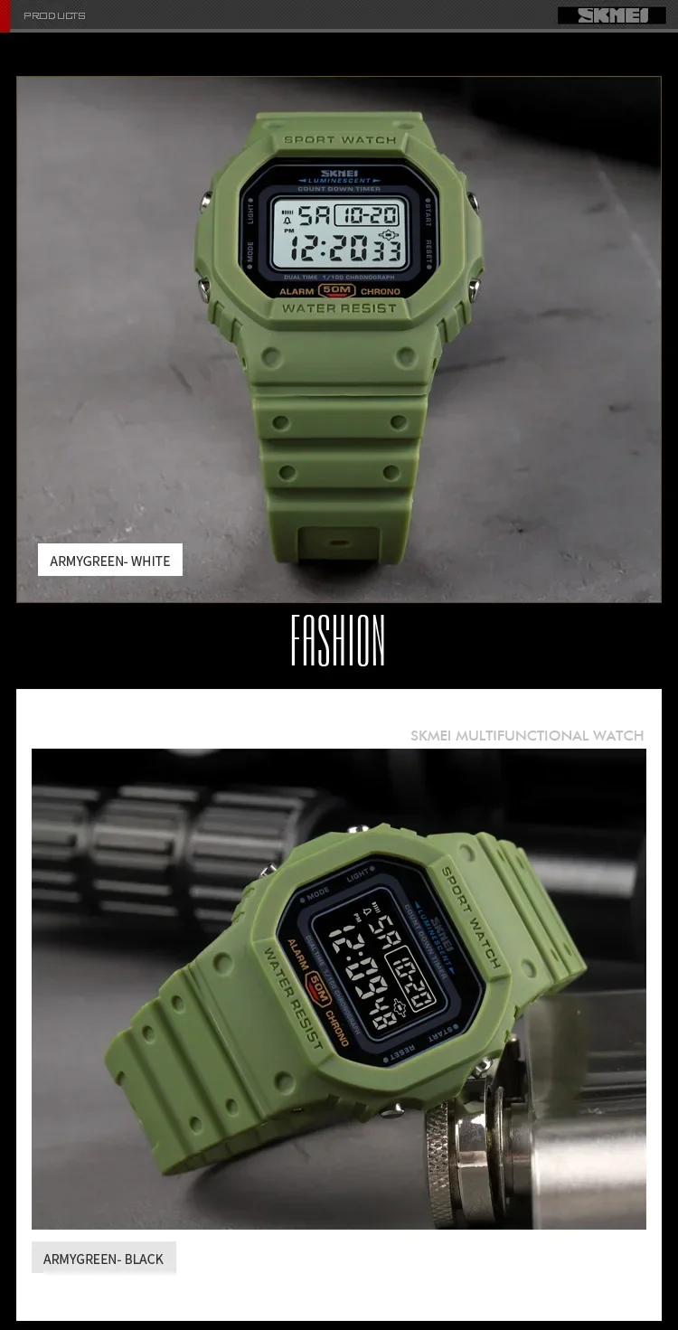 SKMEI-Montre numérique de sport pour homme, montres-bracelets électroniques étanches, affichage LED militaire, horloge Alarm1988, 1628