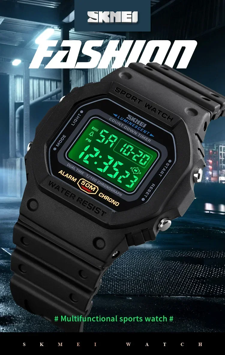 SKMEI-Montre numérique de sport pour homme, montres-bracelets électroniques étanches, affichage LED militaire, horloge Alarm1988, 1628