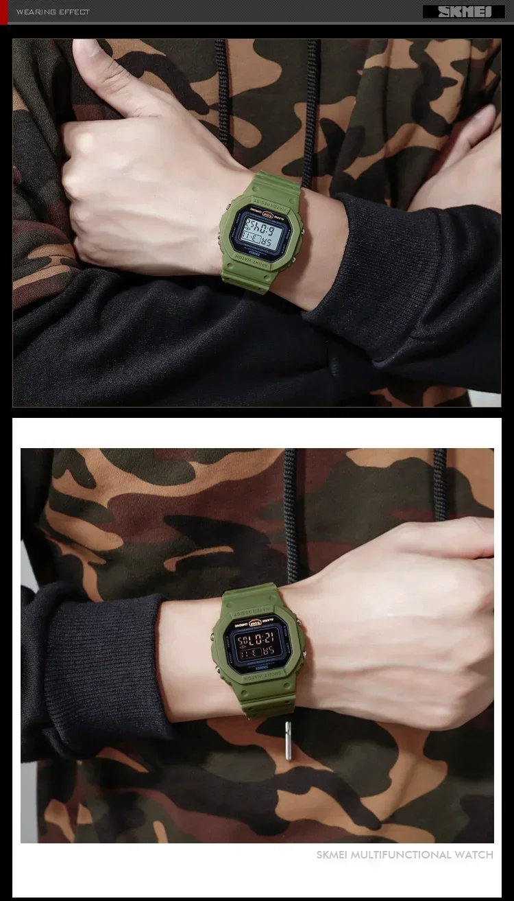 SKMEI-Montre numérique de sport pour homme, montres-bracelets électroniques étanches, affichage LED militaire, horloge Alarm1988, 1628