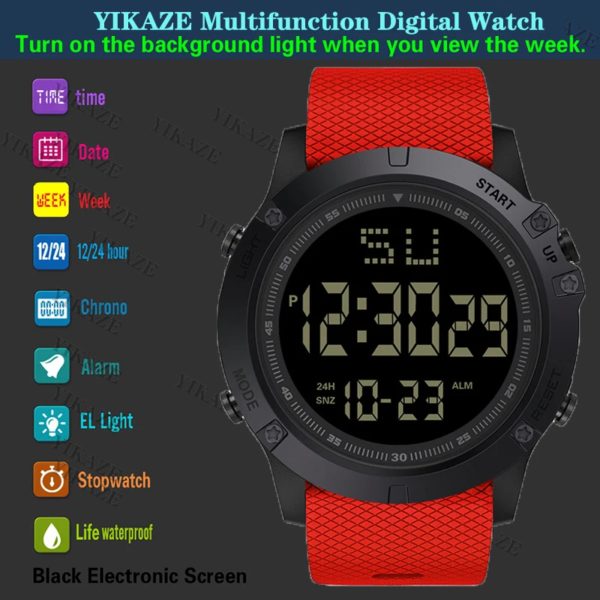 YIKAZE-Montre Numérique de dehors pour Homme, Grand Cadran Multifonctionnel, Étanche, Militaire, Montre-Bracelet Électronique pour Enfant – Image 3