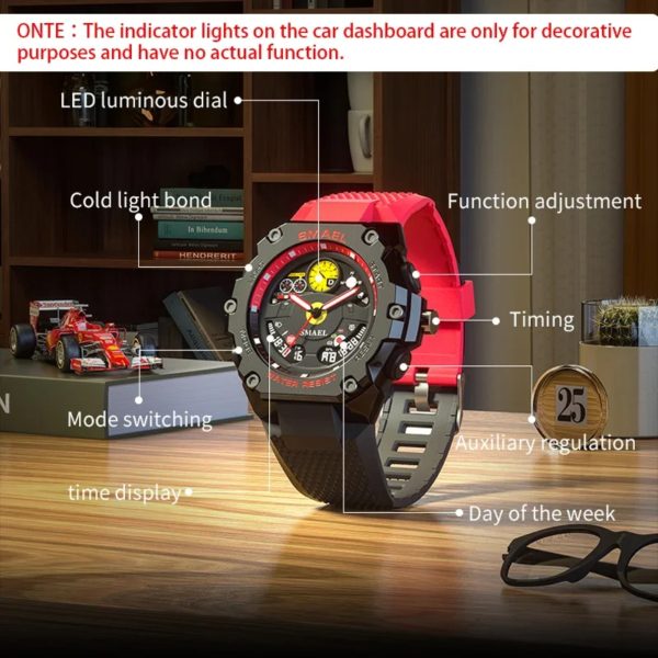 SMAEL-Montre-Bracelet à Quartz pour Homme, Militaire, Armée, Alarme, Touriste, Affichage LED, Montre dehors Numérique, Voiture Prada, Indicateur de Tableau pour Décoration – Image 5