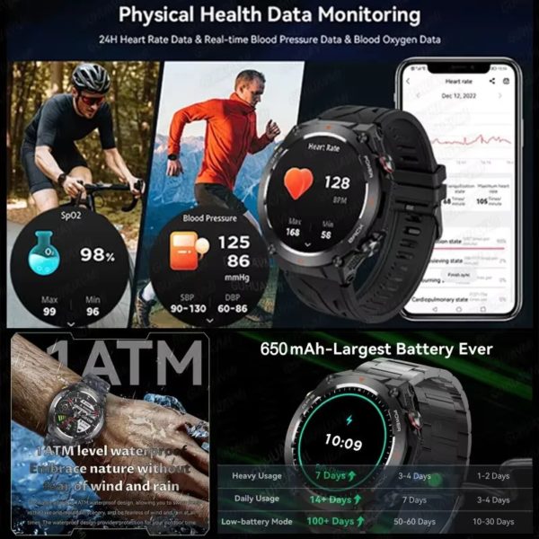 Montre intelligente GPS militaire pour homme, écran AMOLED, fréquence cardiaque, appel Bluetooth, étanche IP68, extérieur, batterie 650mAh, nouveau, 2021 – Image 5