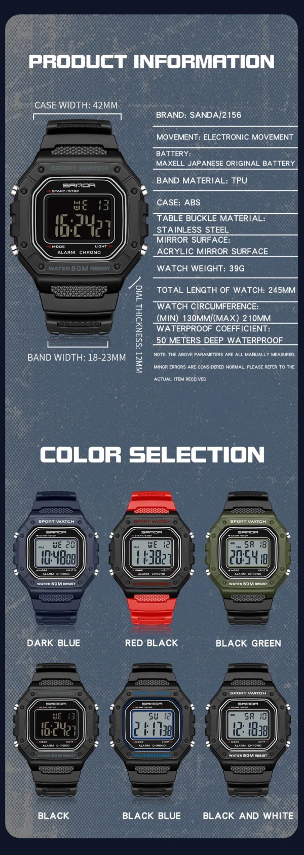 SANDA-Montres de sport étanches pour hommes, style S militaire, chronomètre antichoc, montre-bracelet numérique antichoc, mode 2156 – Image 5