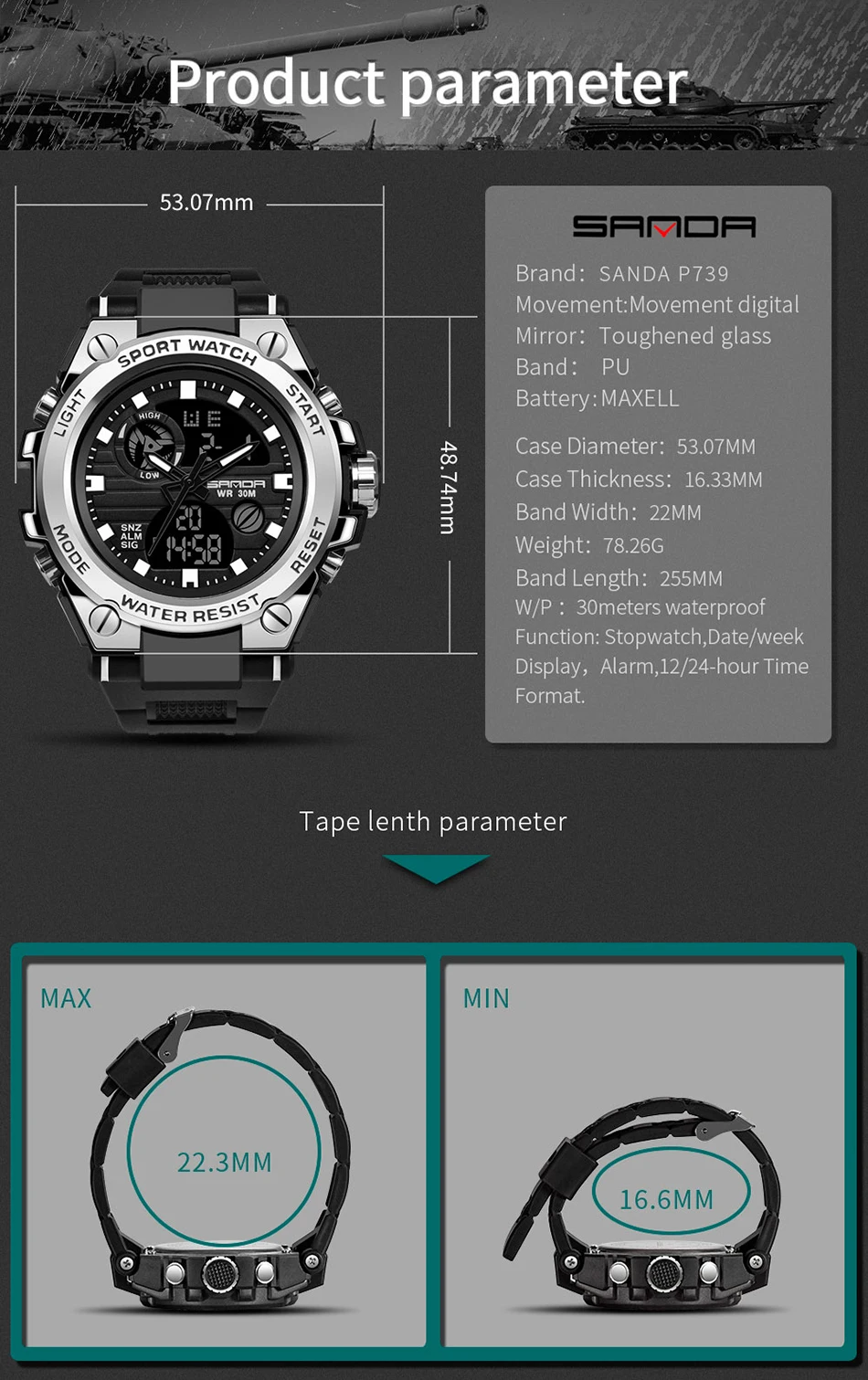 SANDA – montre numérique de sport pour hommes, Style 739G, antichoc, électronique, étanche