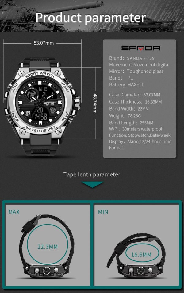 SANDA – montre numérique de sport pour hommes, Style 739G, antichoc, électronique, étanche – Image 3