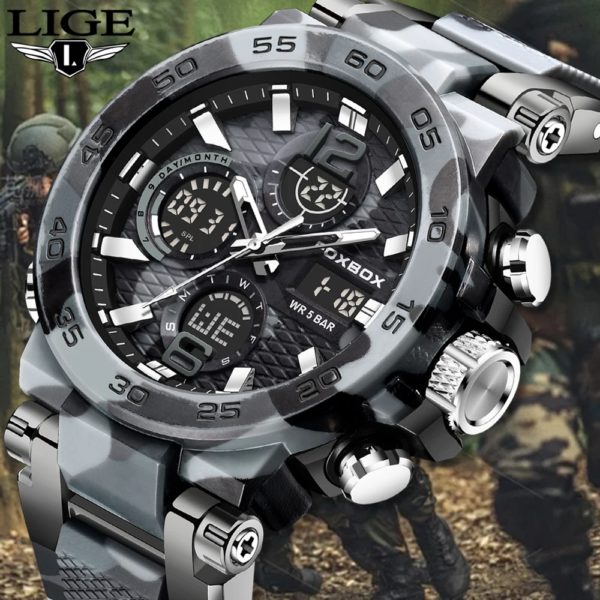LIGE-Montre de sport électronique numérique pour homme, fonction complète, heure mondiale, LED, lampe de levage automatique de la main, étanche, nouveau