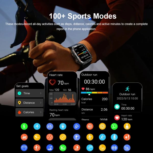 Montre intelligente militaire pour hommes, IP68, 5atm, sport de plein air, suivi de la condition physique, moniteur de santé, 1.96 pouces, appel BT, montre intelligente, traqueur GPS, 2025 – Image 4