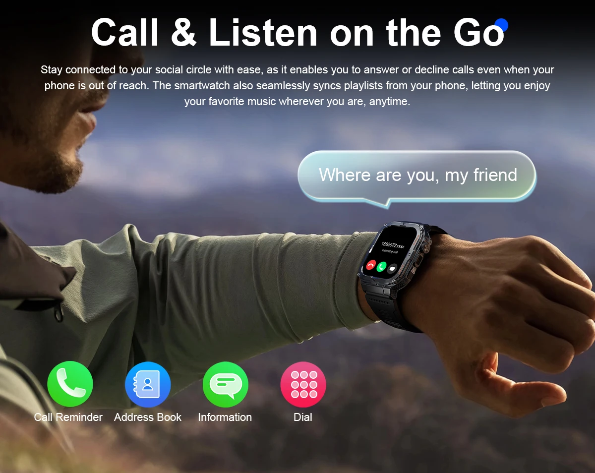 Montre intelligente militaire pour hommes, IP68, 5atm, sport de plein air, suivi de la condition physique, moniteur de santé, 1.96 pouces, appel BT, montre intelligente, traqueur GPS, 2025