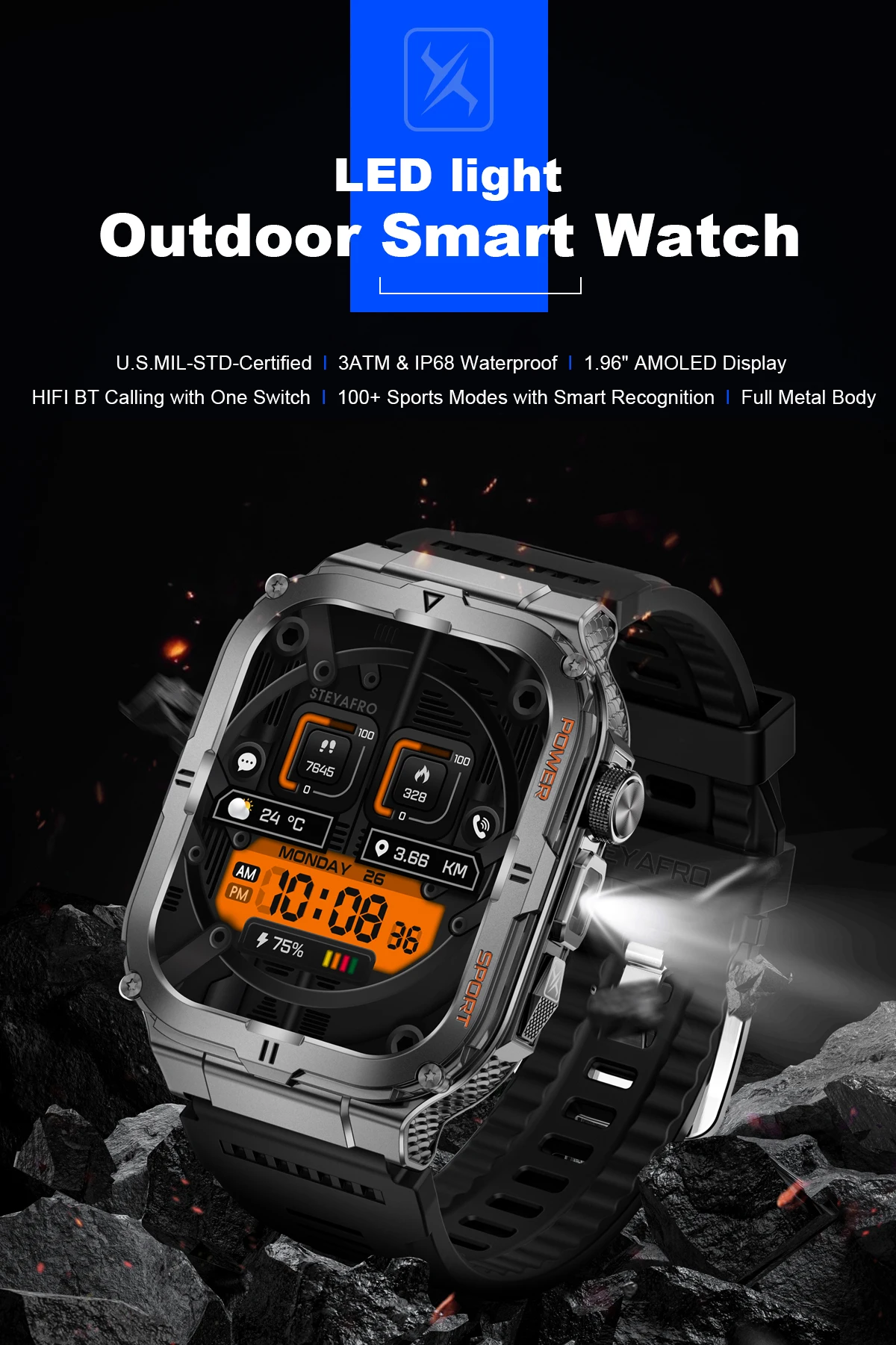 Montre intelligente militaire pour hommes, IP68, 5atm, sport de plein air, suivi de la condition physique, moniteur de santé, 1.96 pouces, appel BT, montre intelligente, traqueur GPS, 2025