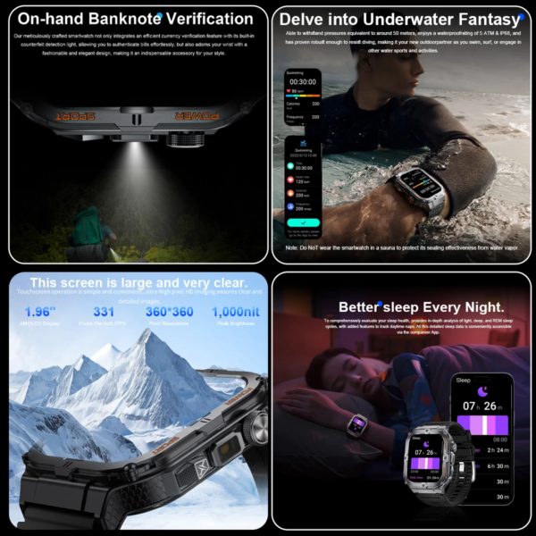 Montre intelligente militaire pour hommes, IP68, 5atm, sport de plein air, suivi de la condition physique, moniteur de santé, 1.96 pouces, appel BT, montre intelligente, traqueur GPS, 2025 – Image 5