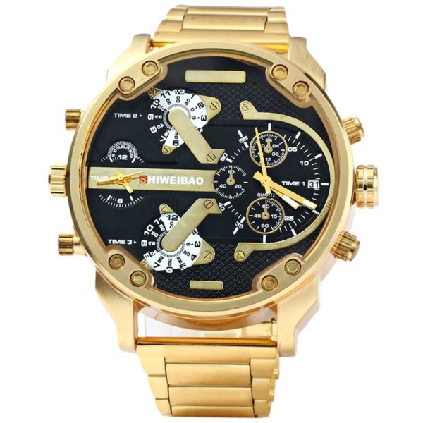 Montre de luxe en acier doré pour homme, montre à quartz pour homme, montres pour touristes, fuseau horaire, militaire, horloge décontractée – Image 2