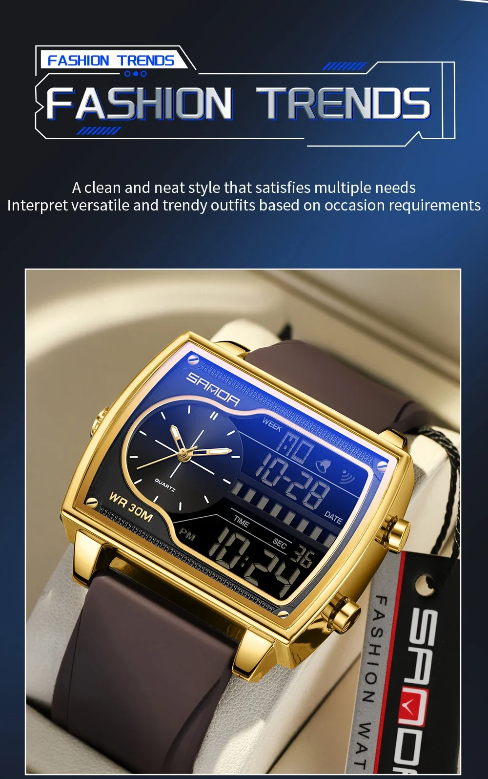SANDA-Montre carrée à quartz pour homme, compte à rebours, sport, étanche, affichage numérique pour les touristes, tendance de la mode, 6163