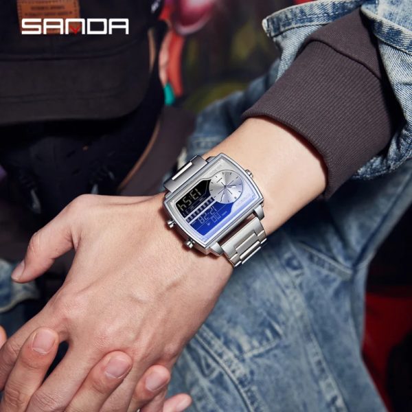 SANDA-Montre carrée à quartz pour homme, compte à rebours, sport, étanche, affichage numérique pour les touristes, tendance de la mode, 6163 – Image 3