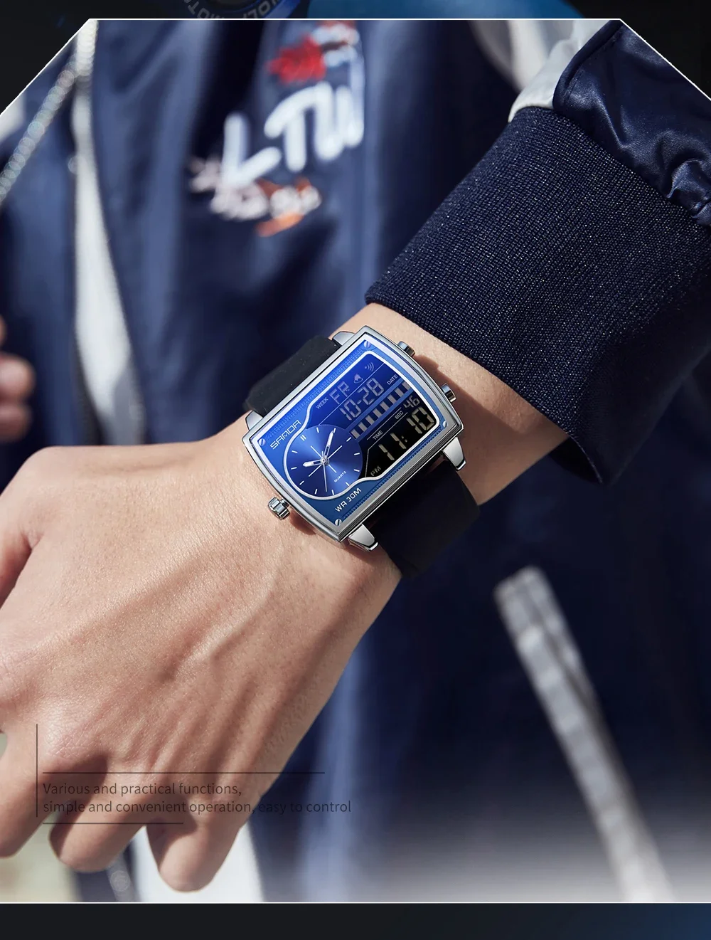 SANDA-Montre carrée à quartz pour homme, compte à rebours, sport, étanche, affichage numérique pour les touristes, tendance de la mode, 6163