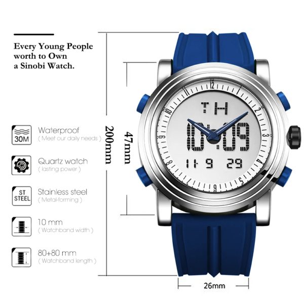 SINOBI-Montre Numérique de dehors pour Homme, Chronographe, Étanche, Noir, Militaire, Genève, Horloge à Quartz – Image 2
