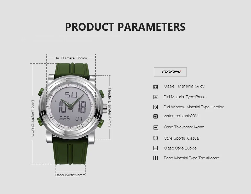 SINOBI-Montre Numérique de dehors pour Homme, Chronographe, Étanche, Noir, Militaire, Genève, Horloge à Quartz