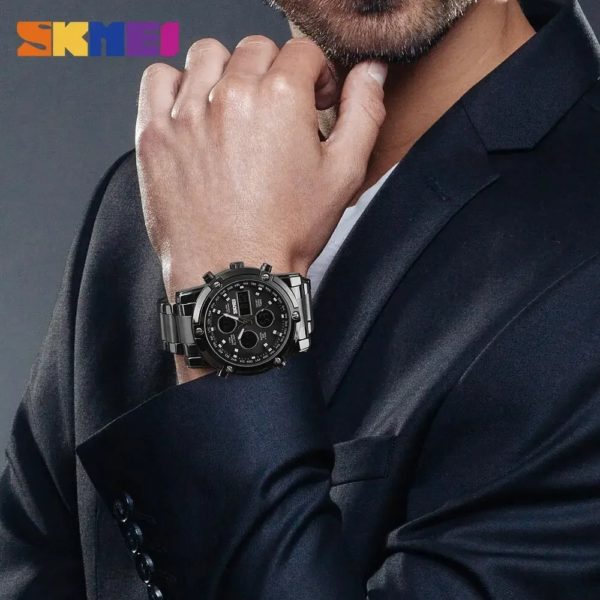 Skmei-Montre-bracelet numérique à quartz pour hommes, compte à rebours, bracelet en acier, trois temps, 1389 – Image 3