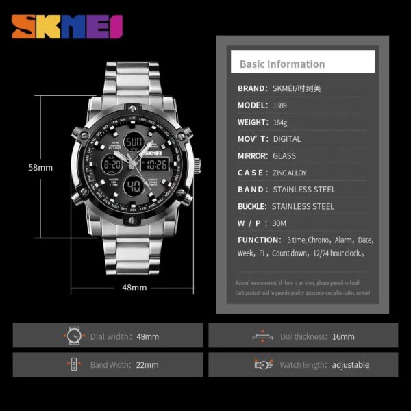 Skmei-Montre-bracelet numérique à quartz pour hommes, compte à rebours, bracelet en acier, trois temps, 1389 – Image 6
