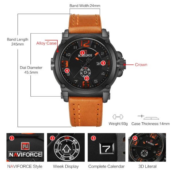 NAVIFORCE-Montre à Quartz pour Homme, Marque de Luxe, dehors Militaire, Date Analogique, Horloge, Bracelet en Cuir, Livraison Gratuite – Image 3