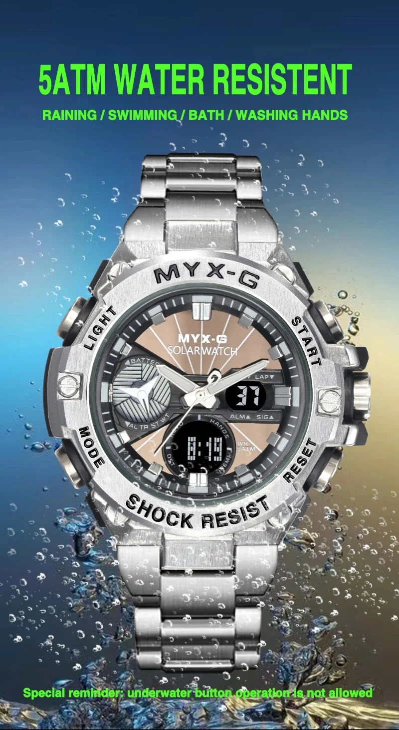 Montre à énergie solaire pour homme, Endurance Light, Minuterie à énergie cinétique, Réveil, Moulin à vent rotatif, Tout acier, Reloj zones bre