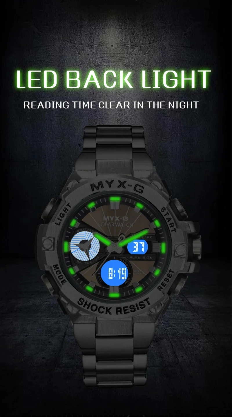 Montre à énergie solaire pour homme, Endurance Light, Minuterie à énergie cinétique, Réveil, Moulin à vent rotatif, Tout acier, Reloj zones bre