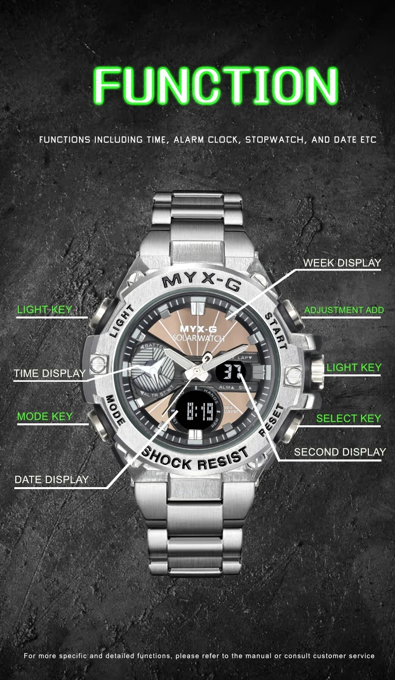 Montre à énergie solaire pour homme, Endurance Light, Minuterie à énergie cinétique, Réveil, Moulin à vent rotatif, Tout acier, Reloj zones bre