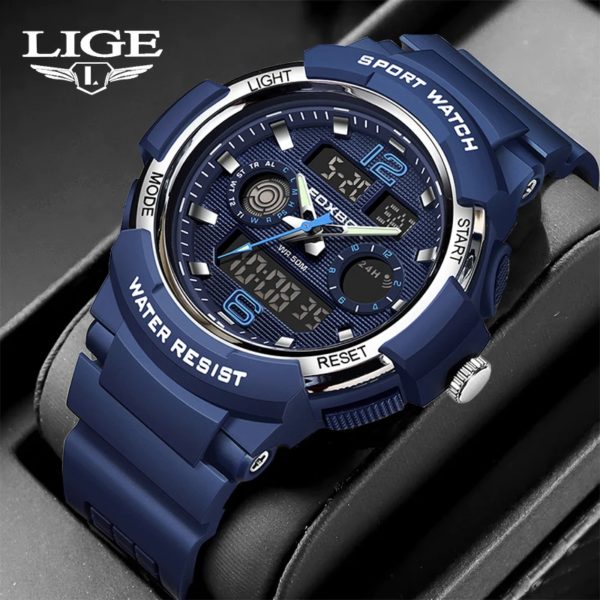 LIGE-Montre à quartz étanche pour homme, affichage numérique des touristes, montres de sport militaires, cadran bleu, chronographe calendrier, mode