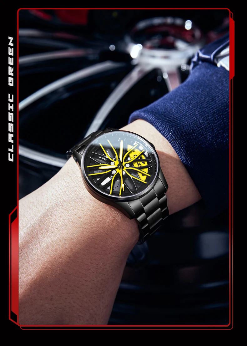 OLEVS-Montre-bracelet à quartz étanche pour homme, cadran lointain à 360 °, jante de voiture de sport, moyeu de roue, acier inoxydable, mode Shoous