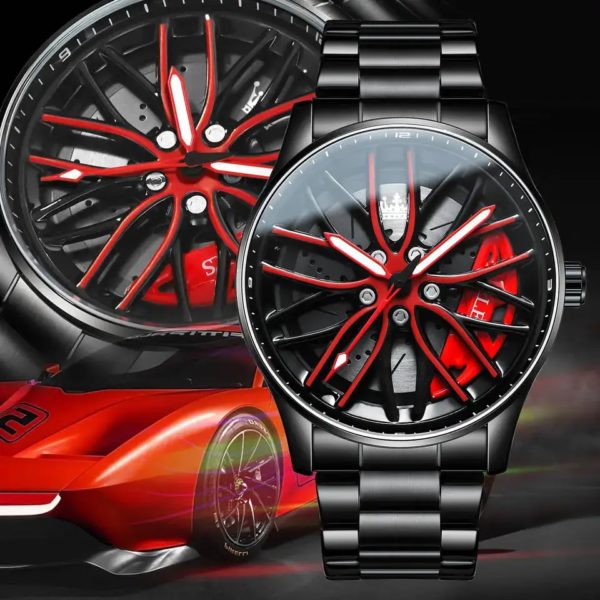 OLEVS-Montre-bracelet à quartz étanche pour homme, cadran lointain à 360 °, jante de voiture de sport, moyeu de roue, acier inoxydable, mode Shoous – Image 2