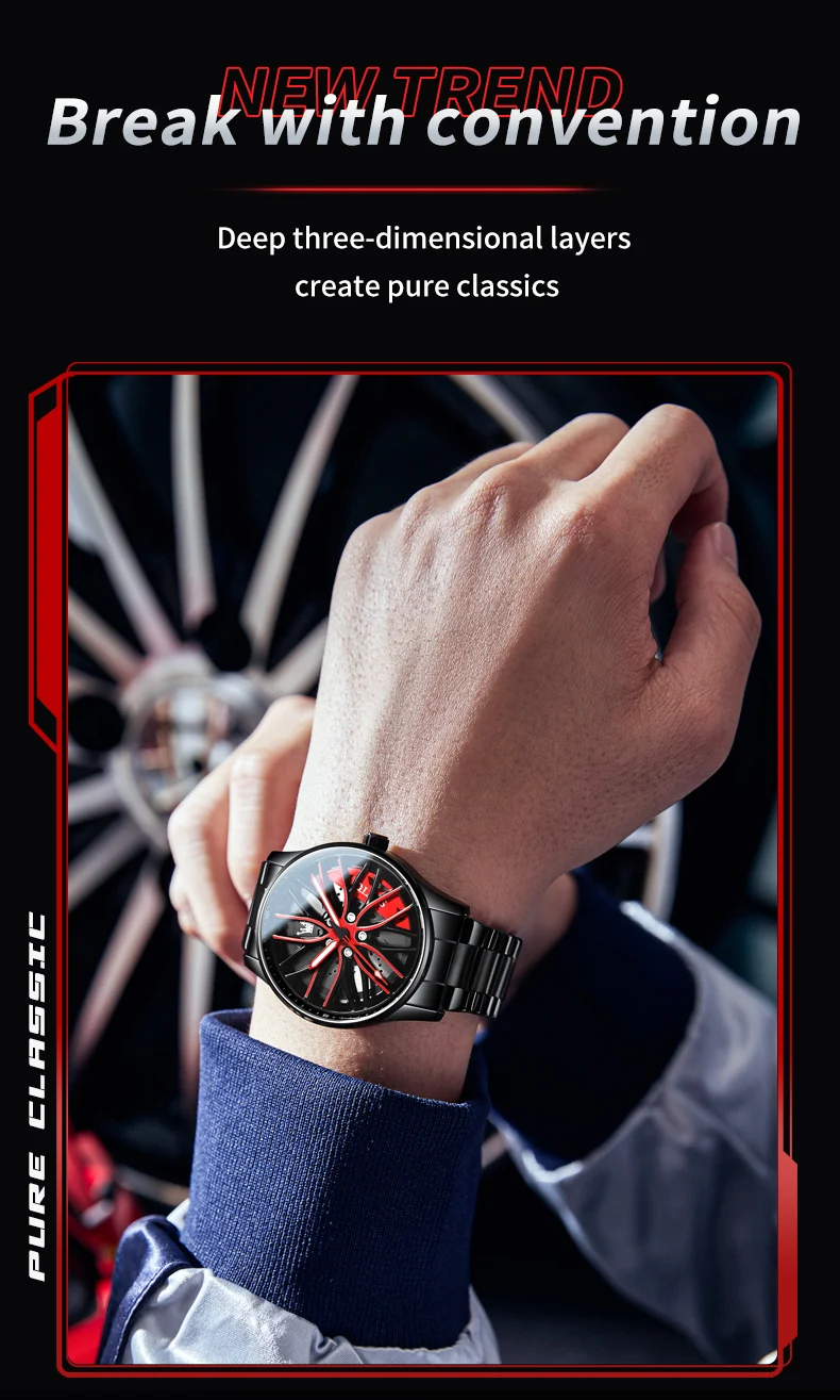 OLEVS-Montre-bracelet à quartz étanche pour homme, cadran lointain à 360 °, jante de voiture de sport, moyeu de roue, acier inoxydable, mode Shoous