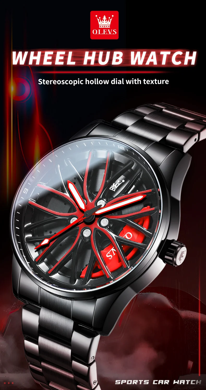 OLEVS-Montre-bracelet à quartz étanche pour homme, cadran lointain à 360 °, jante de voiture de sport, moyeu de roue, acier inoxydable, mode Shoous
