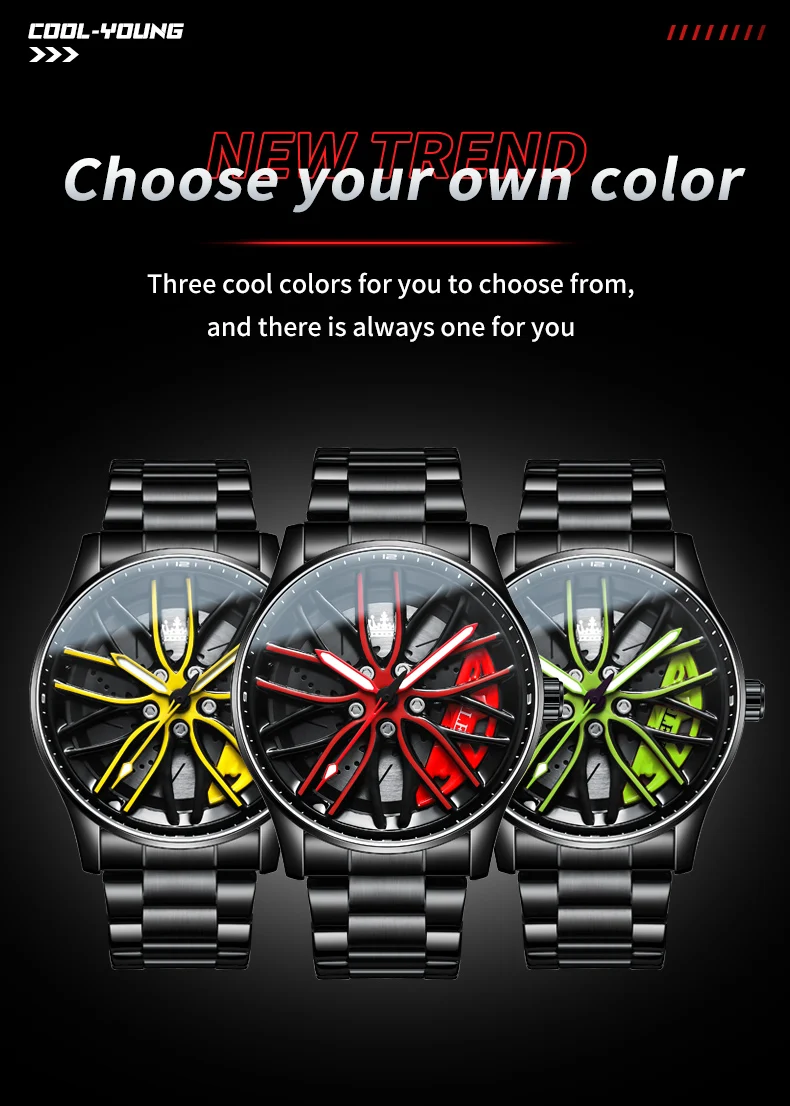 OLEVS-Montre-bracelet à quartz étanche pour homme, cadran lointain à 360 °, jante de voiture de sport, moyeu de roue, acier inoxydable, mode Shoous
