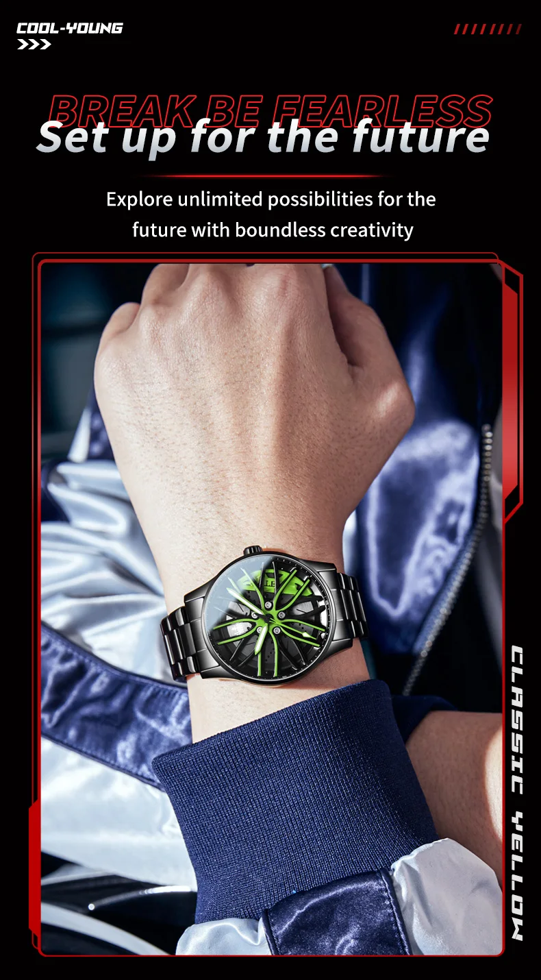 OLEVS-Montre-bracelet à quartz étanche pour homme, cadran lointain à 360 °, jante de voiture de sport, moyeu de roue, acier inoxydable, mode Shoous