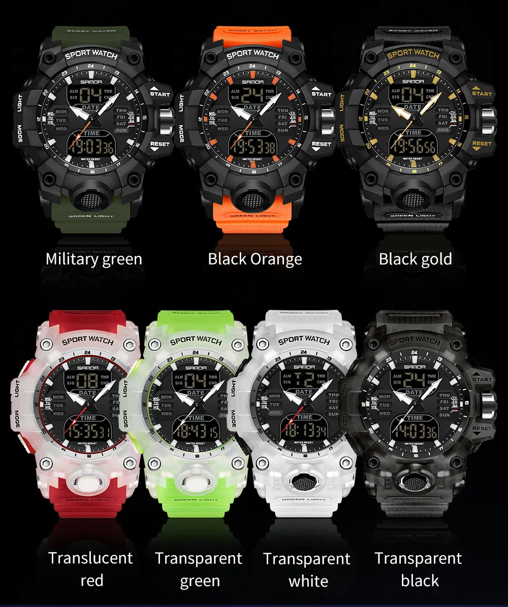 SANDA-Montres de sport étanches pour hommes, affichage des touristes, militaire, alarme, chronomètre, montre-bracelet à quartz, horloge numérique masculine, 6126