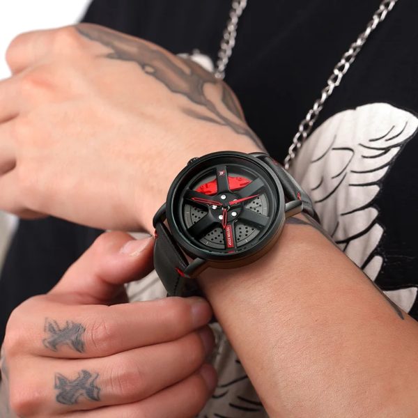 Montre de sport à quartz avec bracelet en cuir pour homme, roue de voiture personnalisée, montres-bracelets à la mode, rotation à 360 °