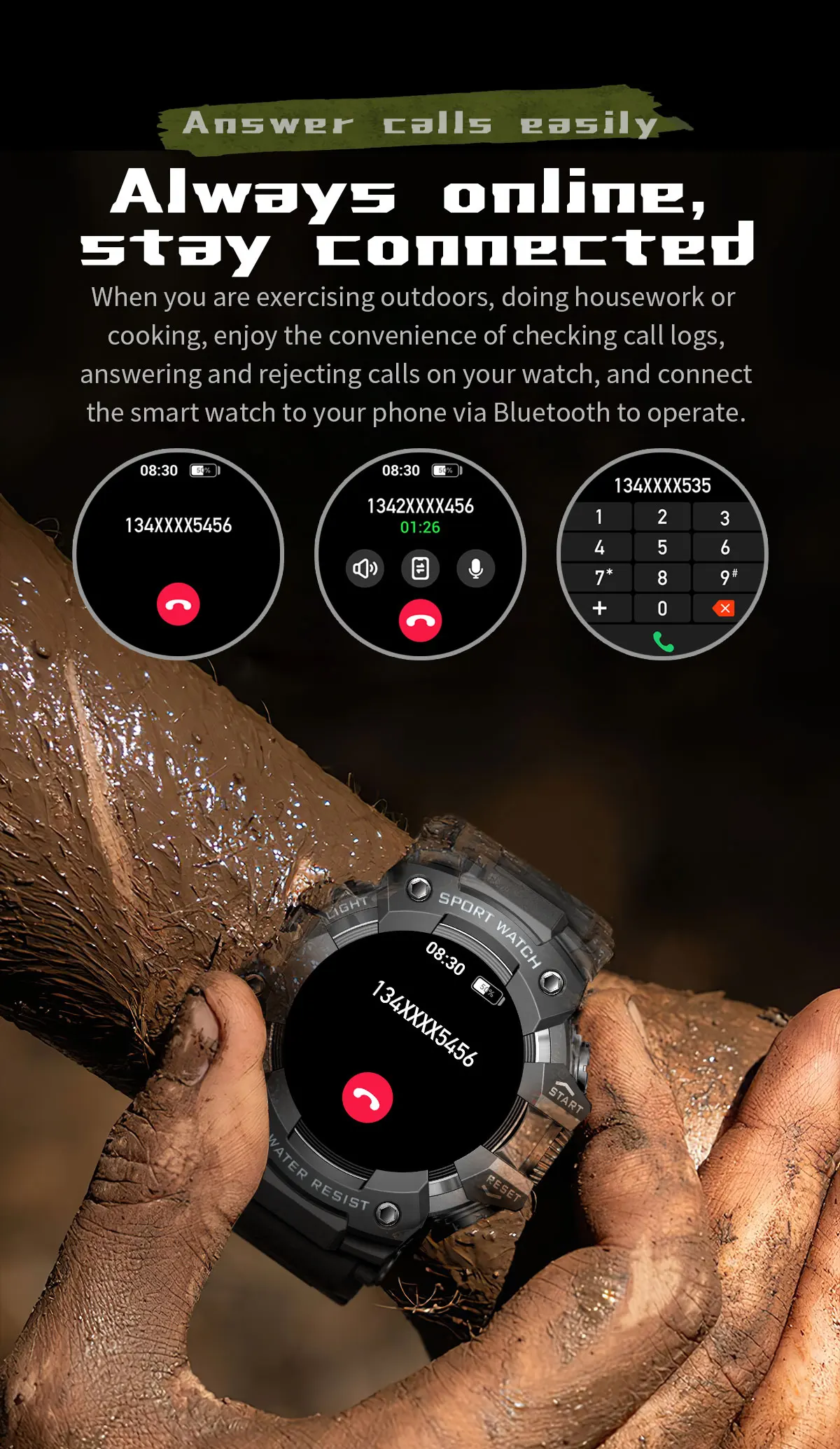 Montre Connectée de dehors Robuste, Bluetooth, Étanche, Colorée, Militaire, avec Lampe de Poche, Boussole SOS pour Téléphone, 2024