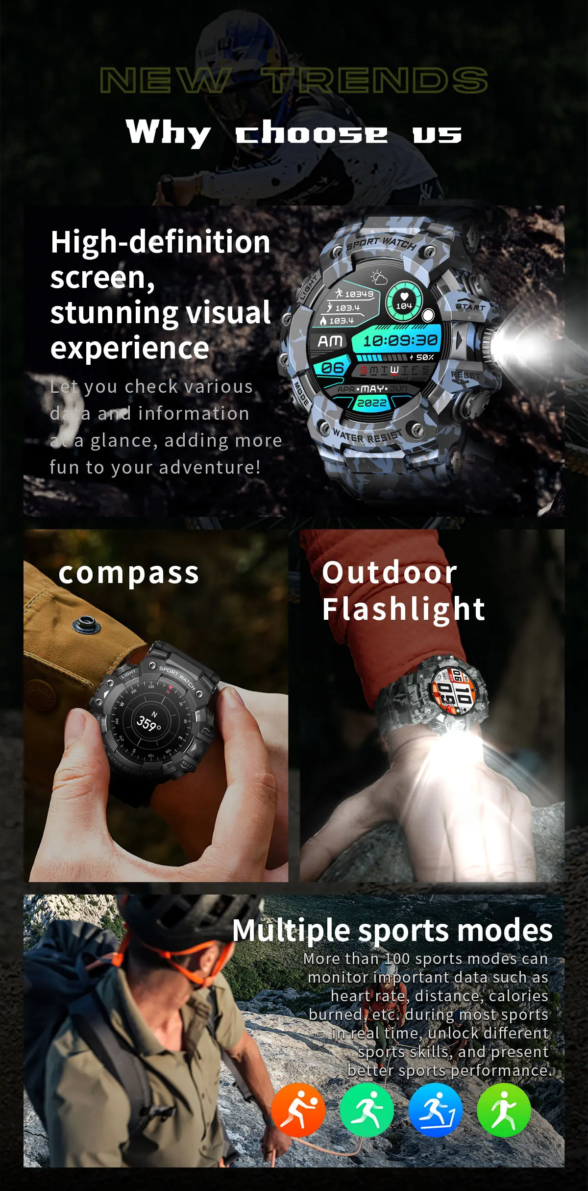 Montre Connectée de dehors Robuste, Bluetooth, Étanche, Colorée, Militaire, avec Lampe de Poche, Boussole SOS pour Téléphone, 2024