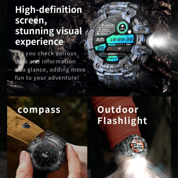 Montre Connectée de dehors Robuste, Bluetooth, Étanche, Colorée, Militaire, avec Lampe de Poche, Boussole SOS pour Téléphone, 2024 – Image 2