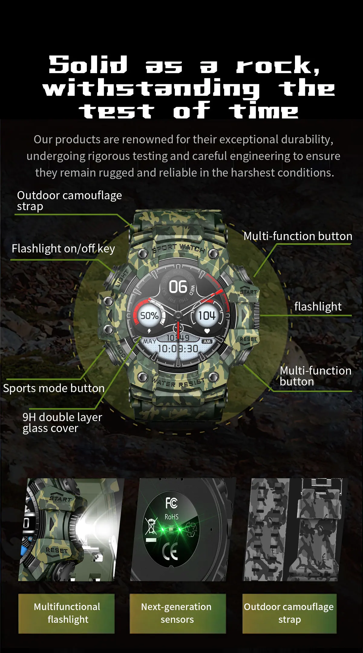 Montre Connectée de dehors Robuste, Bluetooth, Étanche, Colorée, Militaire, avec Lampe de Poche, Boussole SOS pour Téléphone, 2024