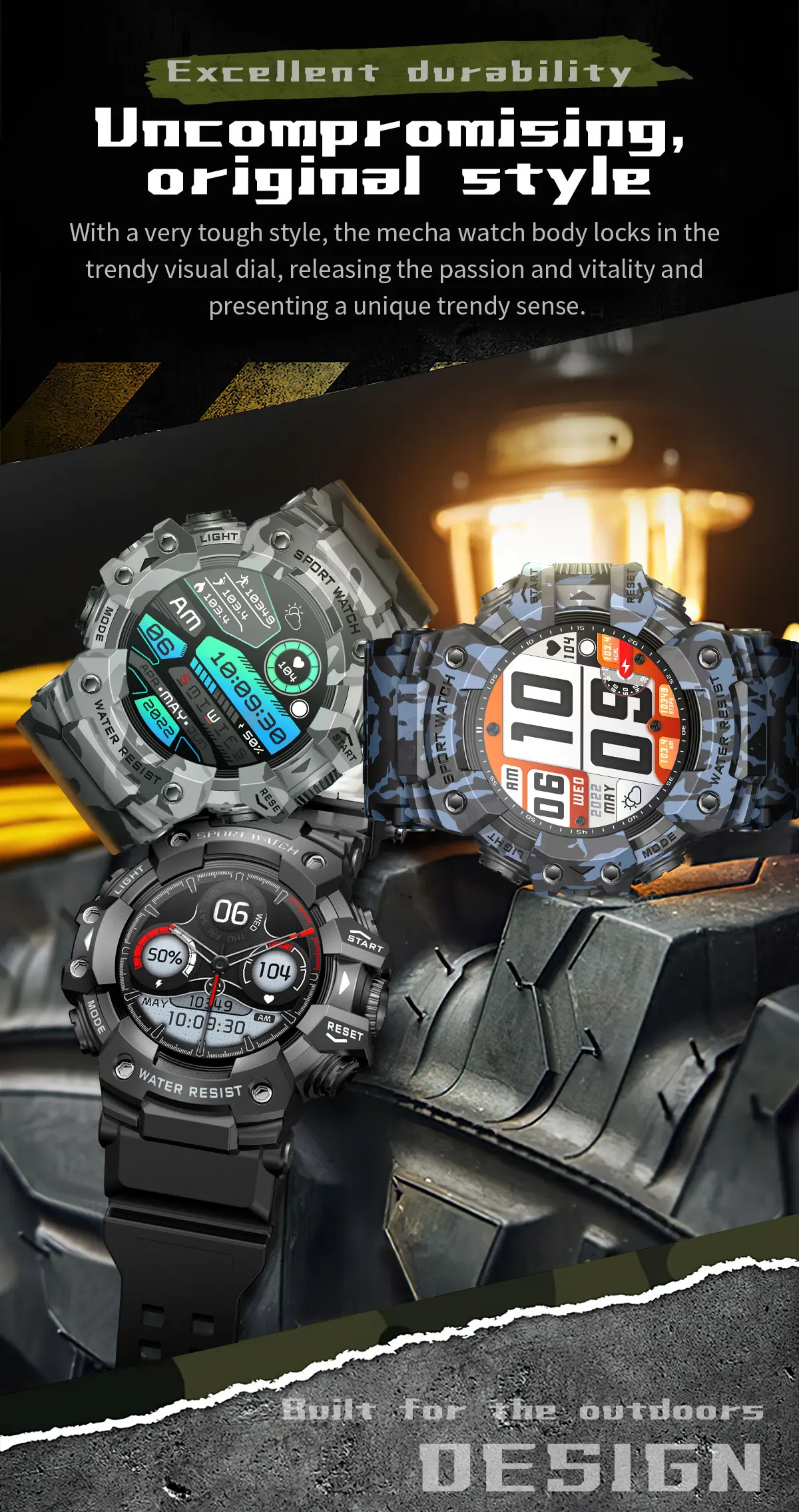 Montre Connectée de dehors Robuste, Bluetooth, Étanche, Colorée, Militaire, avec Lampe de Poche, Boussole SOS pour Téléphone, 2024
