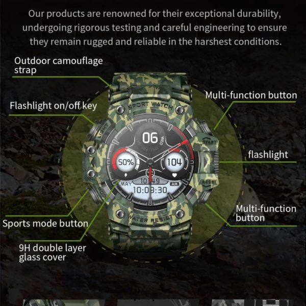 Montre Connectée de dehors Robuste, Bluetooth, Étanche, Colorée, Militaire, avec Lampe de Poche, Boussole SOS pour Téléphone, 2024 – Image 4