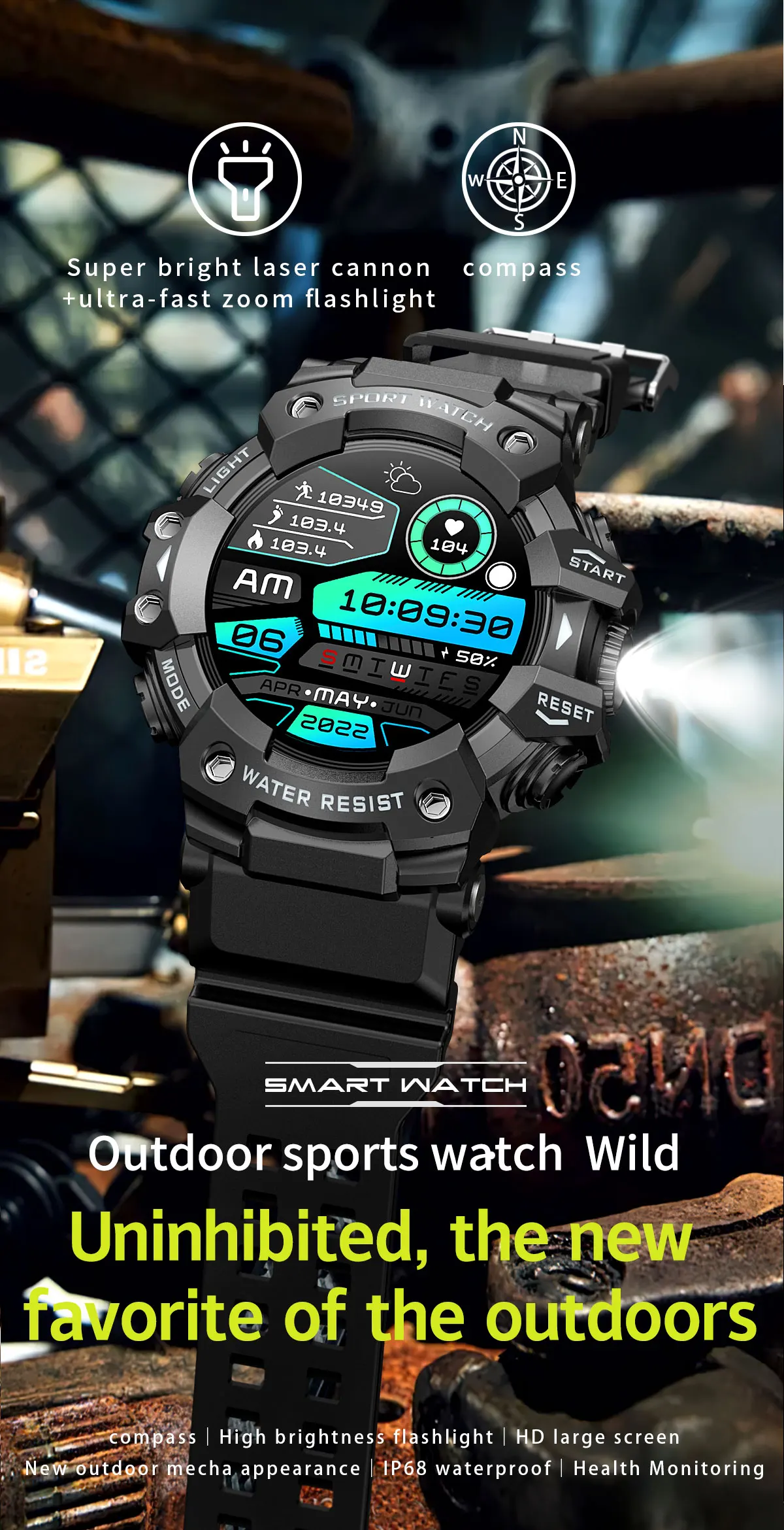 Montre Connectée de dehors Robuste, Bluetooth, Étanche, Colorée, Militaire, avec Lampe de Poche, Boussole SOS pour Téléphone, 2024