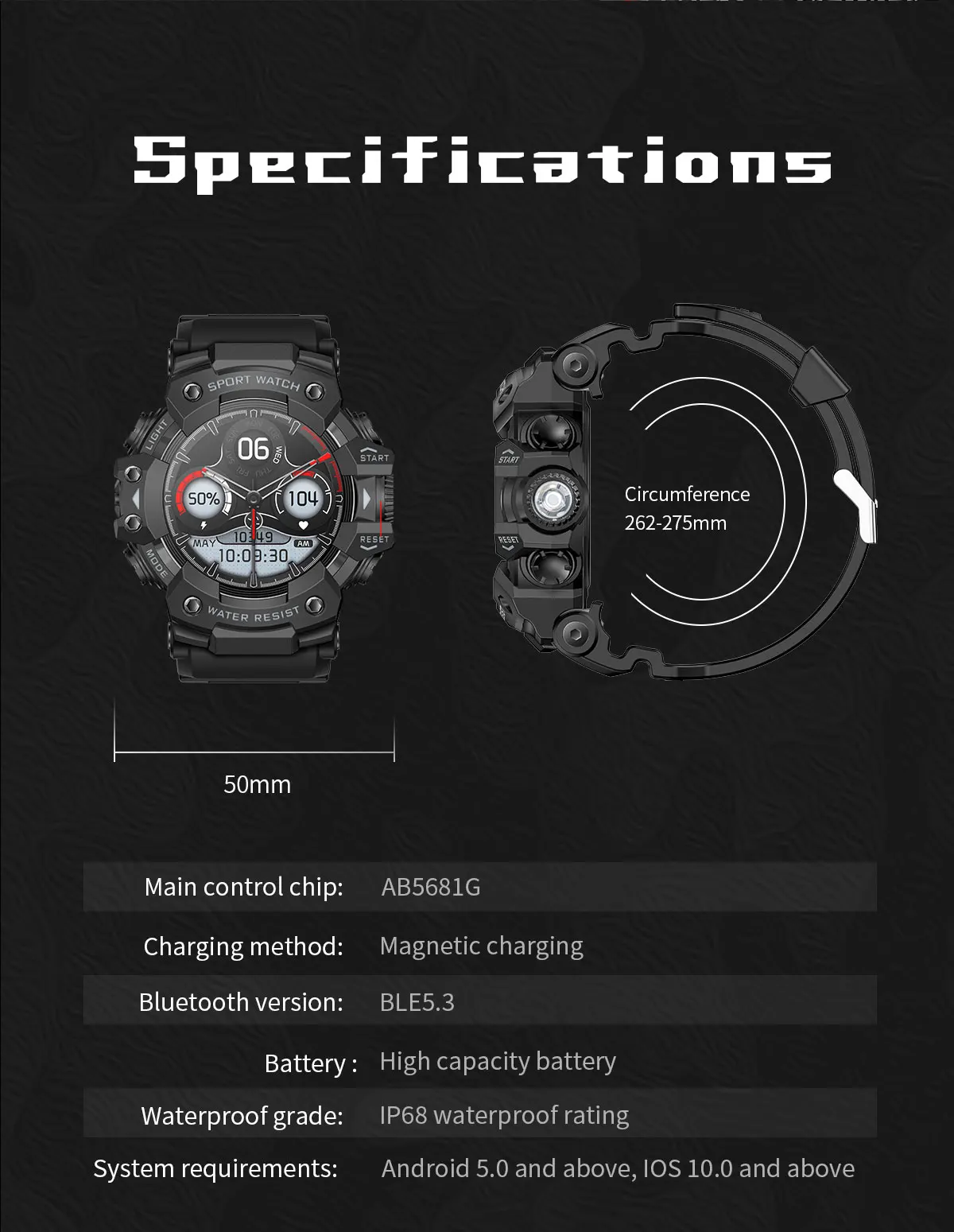 Montre Connectée de dehors Robuste, Bluetooth, Étanche, Colorée, Militaire, avec Lampe de Poche, Boussole SOS pour Téléphone, 2024