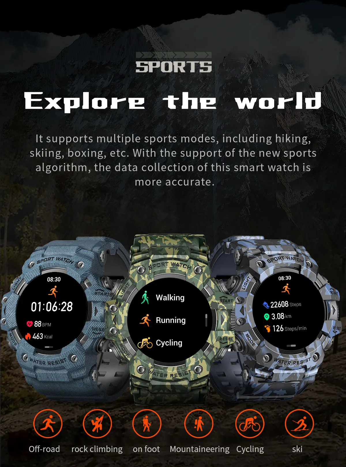 Montre Connectée de dehors Robuste, Bluetooth, Étanche, Colorée, Militaire, avec Lampe de Poche, Boussole SOS pour Téléphone, 2024