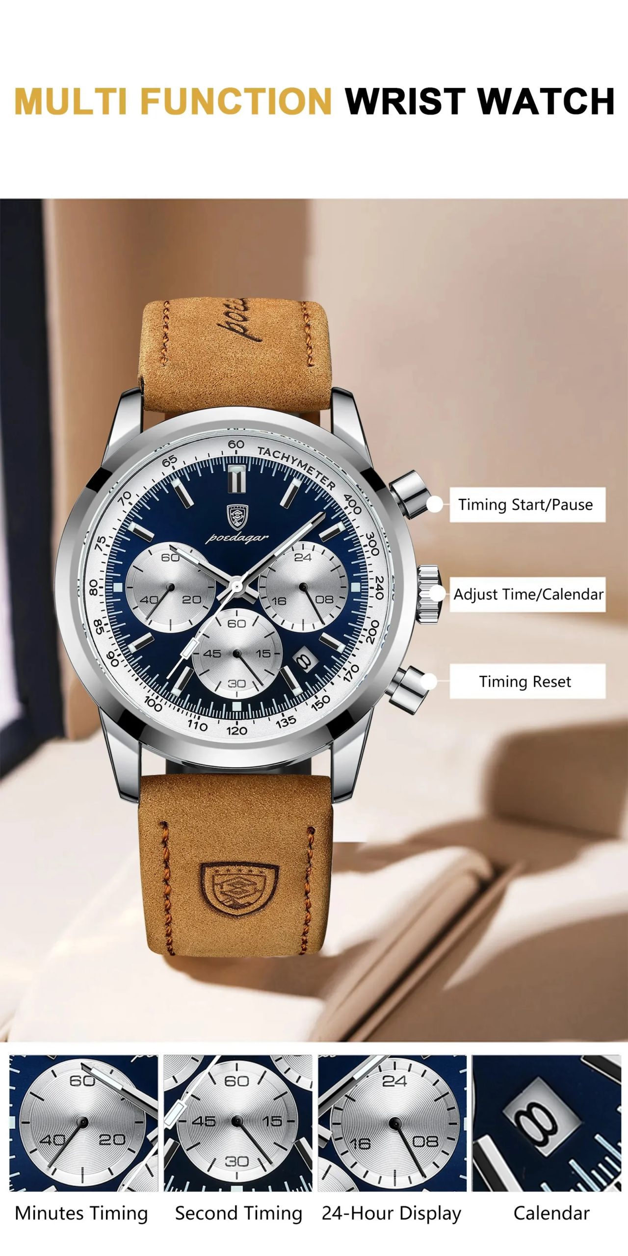 POEDAGAR-Montre-bracelet chronographe Shoous étanche pour homme, montres à quartz en cuir, horloge décontractée, haute qualité, luxe