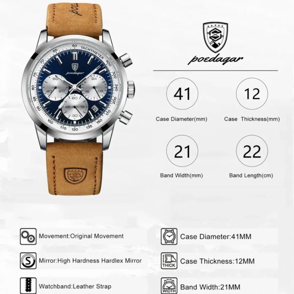 POEDAGAR-Montre-bracelet chronographe Shoous étanche pour homme, montres à quartz en cuir, horloge décontractée, haute qualité, luxe – Image 6