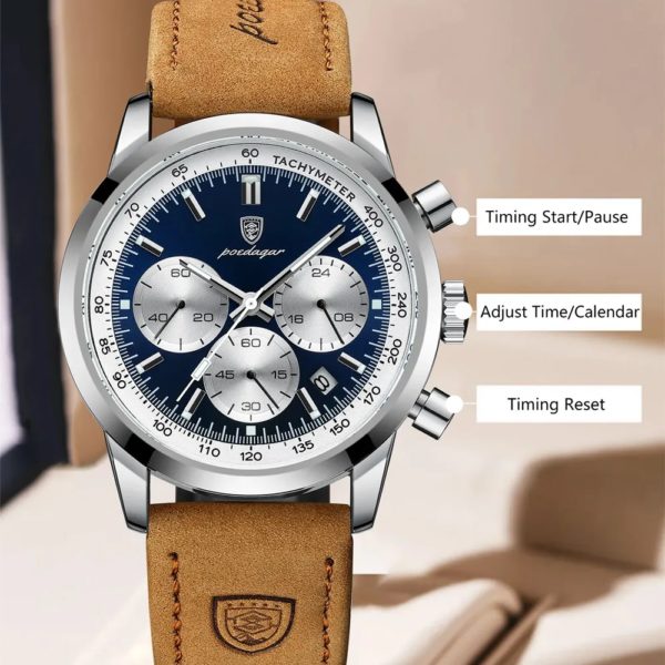 POEDAGAR-Montre-bracelet chronographe Shoous étanche pour homme, montres à quartz en cuir, horloge décontractée, haute qualité, luxe – Image 3